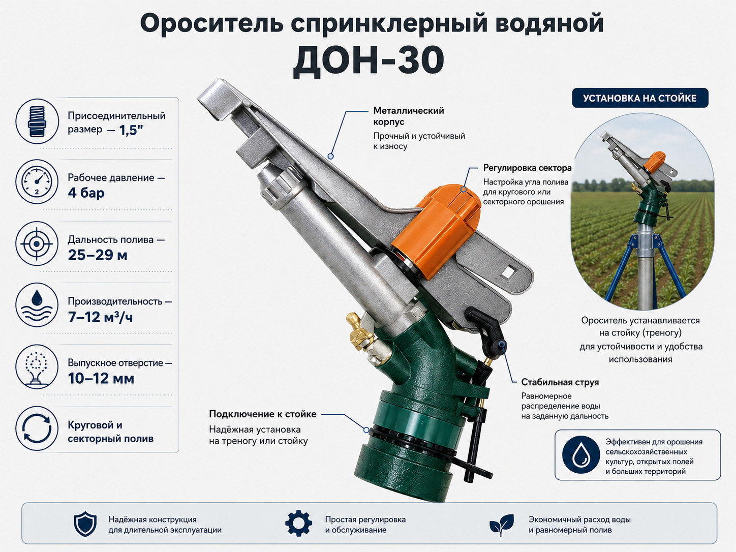дождеватель ДОН-30, дождеватель для полива, водяной дождеватель, ороситель ДОН-30, спринклер для полива, полив участка, оборудование для орошения